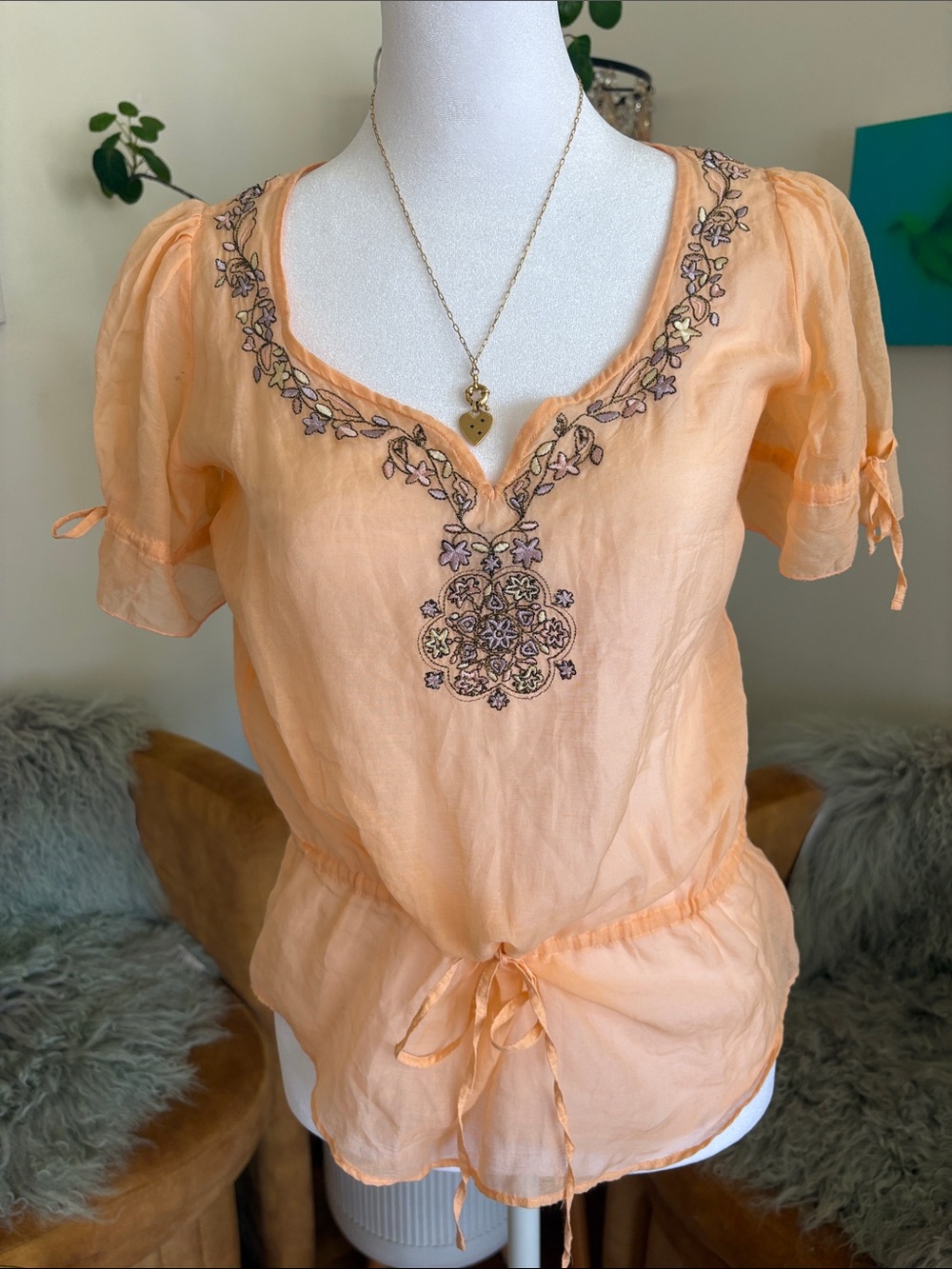 Joie Peach Embroidered V-Neck Peasant Blouse
